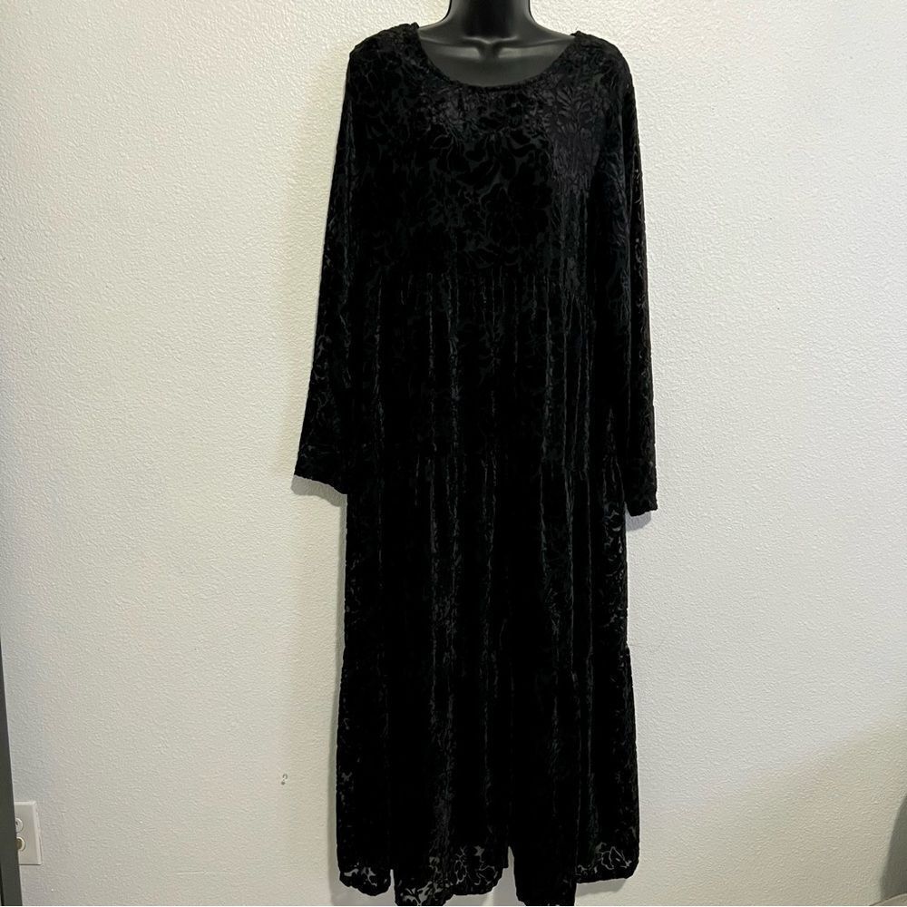 Velvet Burnout Black 80s 90s Drop waist Oversized Long Sleeve Long Maxi Dress M